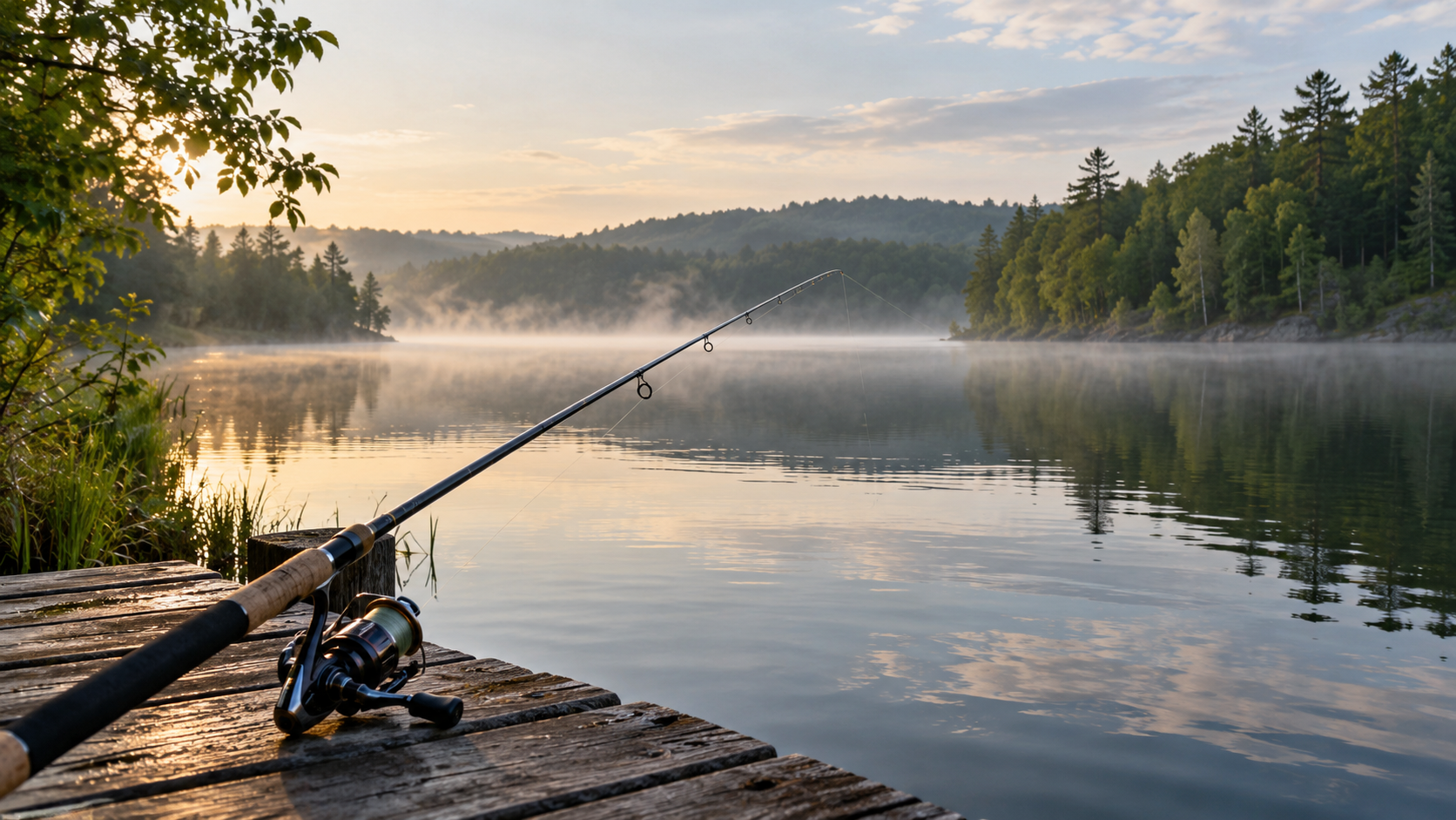 Fishing rods beside a quiet, tree-lined lake on a misty morning.